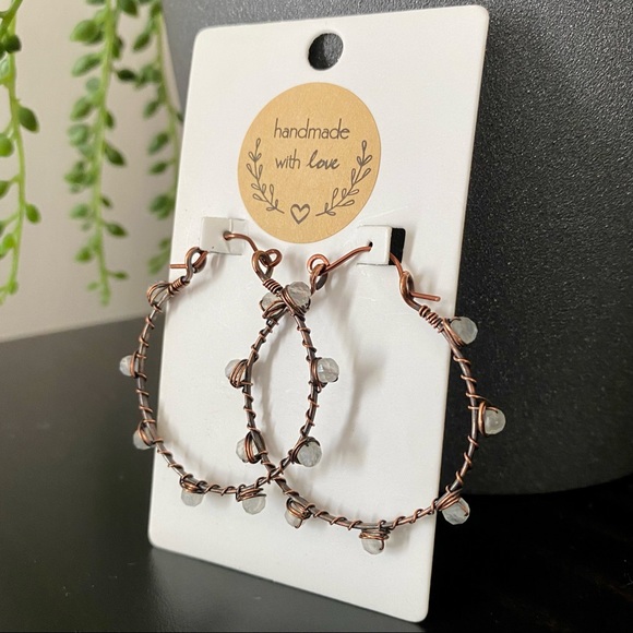 Handcrafted Moonstone + Hammered Copper Hoop Earrings - Picture 6 of 9